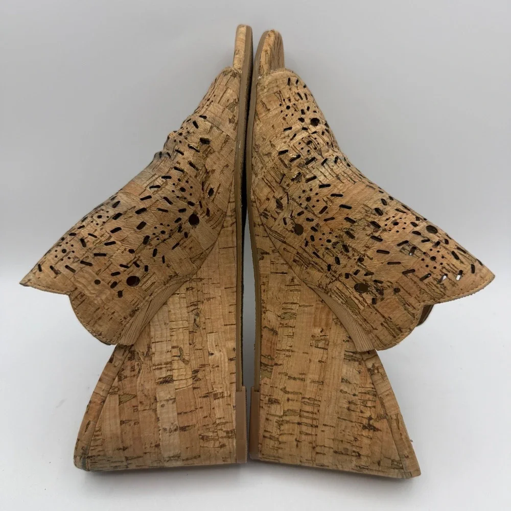 Jack Rogers‎ Wedge Sandals Womens 8 Tan Cork Laser Cut Scalloped Peep Toe Mules